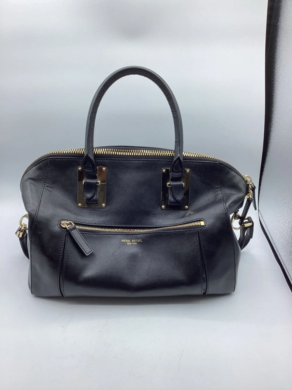 henri bendel Black Leather Satchel with Gold Hardware
